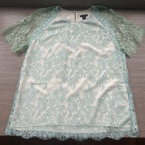 J.Crew blush top/blouse overlayed with delicate two tone green lace, Size 12